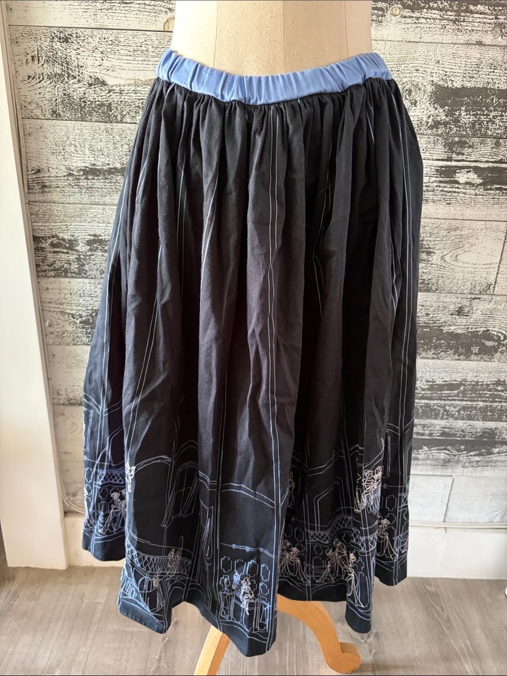 Disney Haunted Mansion Skirt Black Full Circle Skirt with Blue Waistband